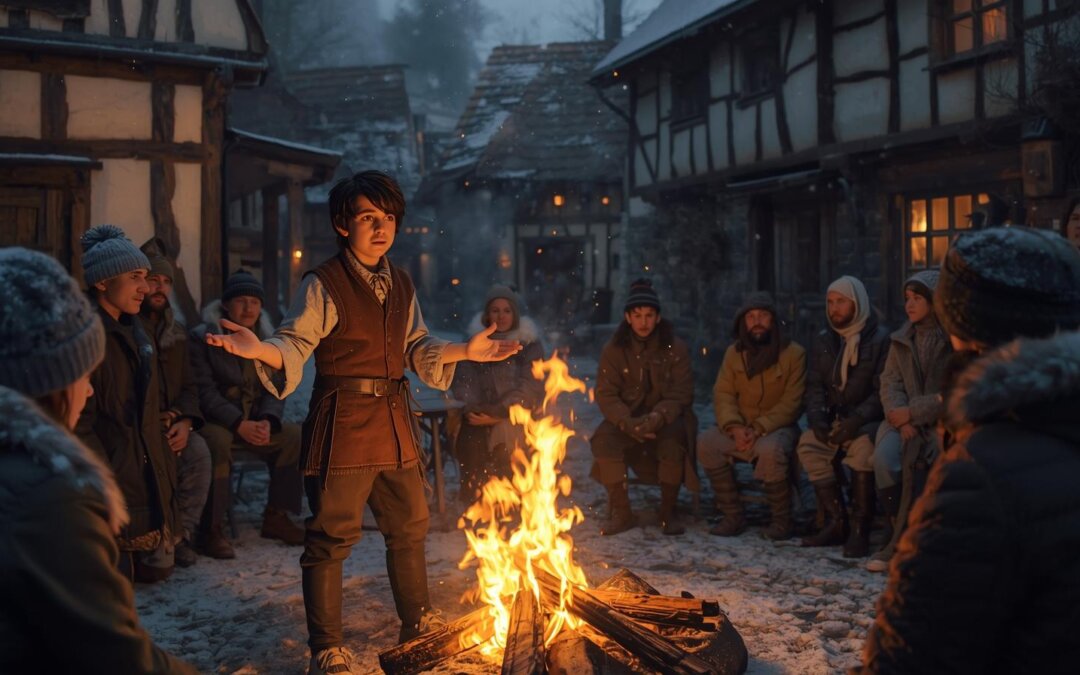 Cantastorie che racconta storie attorno ad un falo con tanta gente che lo osserva